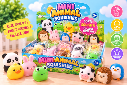 Illustrative promotional artwork of assorted mini animal squishies; not an exact product or packaging photograph